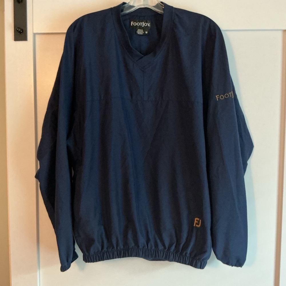 Footjoy Pullover Windbreaker Mens Medium Golf Navy Blue V Neck Lined Logo‎